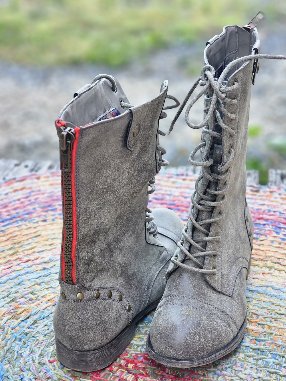 Madden Girl Gray Lace-Up Combat Boots with Red Zip Accent